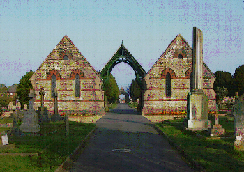 The two chapels with the covered porch at Ryde Cemetery