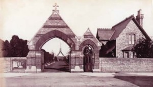 This picture shows the cemetery gates, the Lodge, the central driveway 